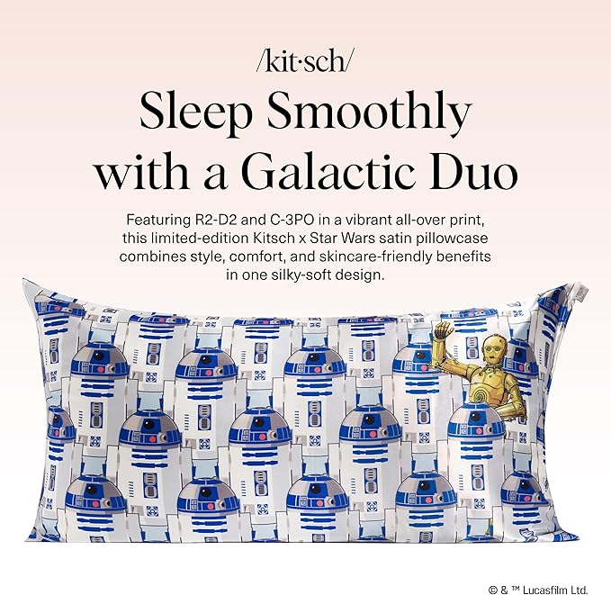 Kitsch x Star Wars R2-D2 & C-3PO Satin Pillowcase | Satin Pillowcase with Zipper, Better Than Silk Pillowcase | Frizz-Reducing Pillow Case for Hair & Skin Care, Cooling & Breathable - King