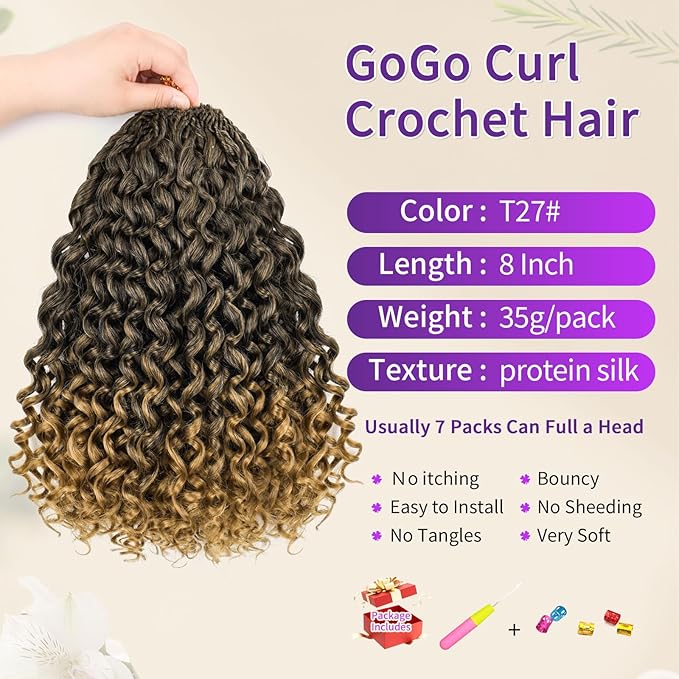 Gogo Curl Crochet Hair Protein Fiber Close to Human Hair 7 Packs Pre looped Water Wave Crochet Hair Deep Twist Synthetic Braiding Hair for Women (T27, 8Inch)