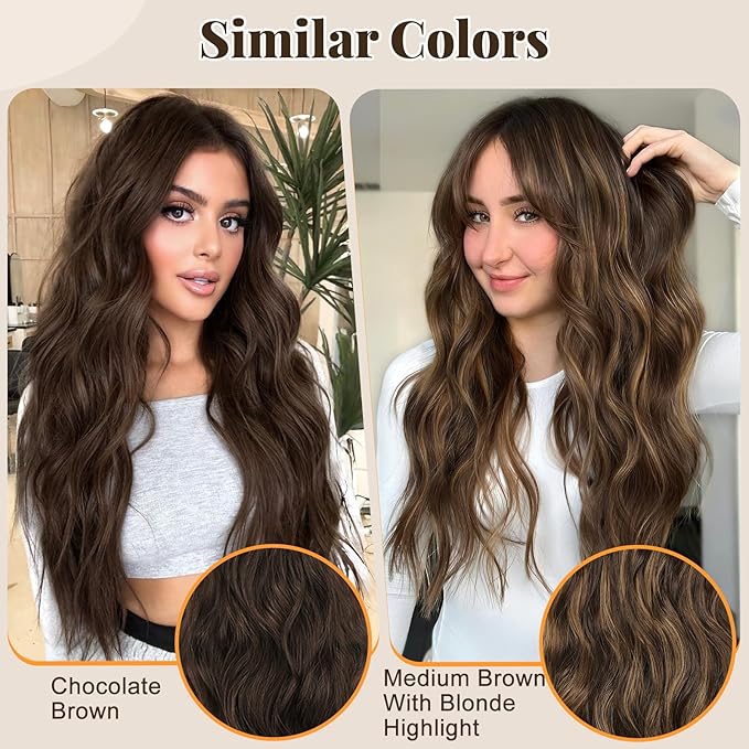 ALXNAN Clip in Long Wavy Synthetic Hair Extension 24 Inch Chocolate Brown 4PCS Thick Hairpieces Fiber Double Weft Hair for Women