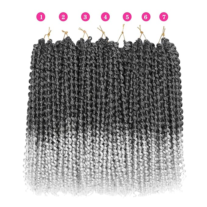 Ubeleco Ombre Silver Passion Twist Hair, 10 Inch Water Wave Crochet Hair Short Passion Twist Crochet Hair Bohemian Synthetic Curly Braiding Hair Extensions (10 Inch (Pack of 7),1B/Gray)
