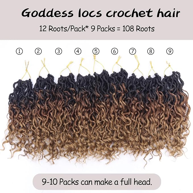 Goddess Locs Crochet Hair,8 Inch 9 Packs Faux Locs Synthetic Crochet Hair for Black Women, Boho Style Pre looped crochet with Curly Ends