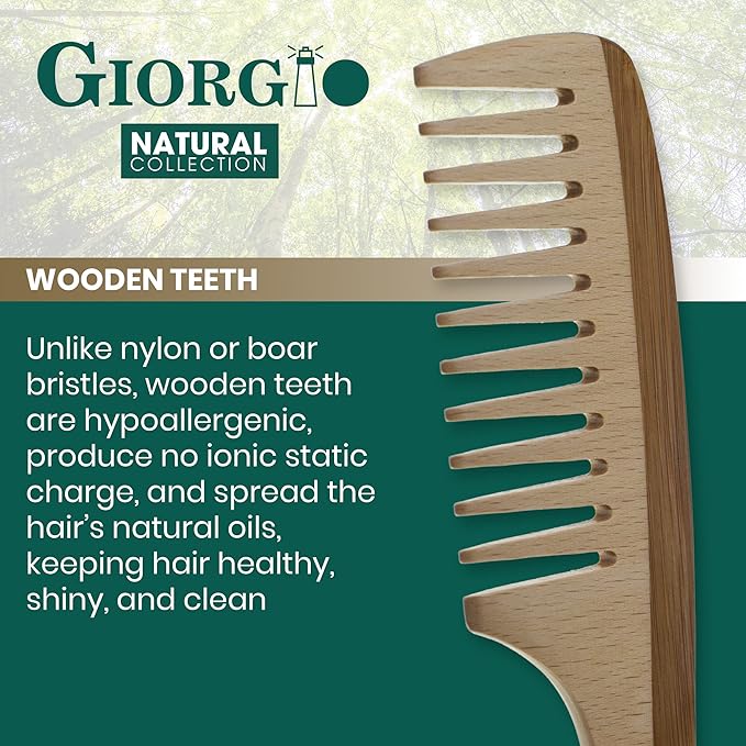 Giorgio GIONAT5 Natural Wooden Detangling Comb with Comfortable Handle - Wide Tooth Comb for Curly Hair, Bamboo and Beechwood Hair Combs for Thick Hair - Organic Wooden Hair Comb for Men and Women