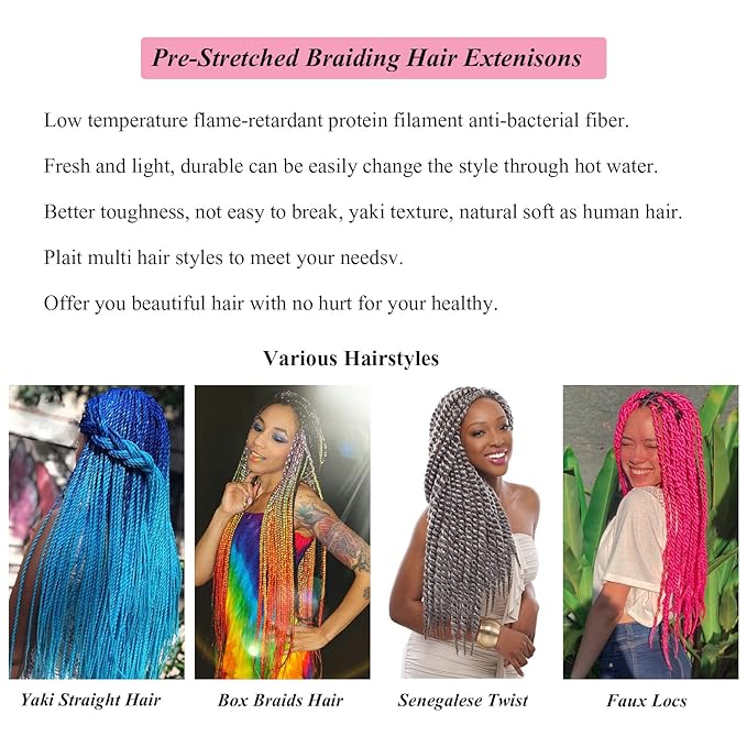 Light Blue Braiding Hair Pre Stretched Colored Blue Hair Extensions for Braids 26 Inch Yaki Hypoallergenic Kids Braiding Hair Synthetic Hair Weave 3 Bundles
