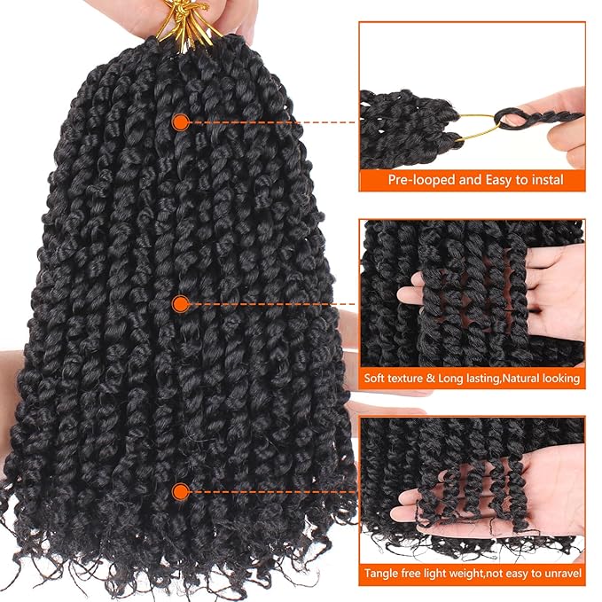 ZRQ Short 8 Packs Pre-twisted Bob Passion Twist Crochet Hair with Curly Ends 10 Inch Pre looped Black Passion Twists Hair 12 Roots/Pack Synthetic Bohemian Crochet Braids Hair for Black Women 1B#