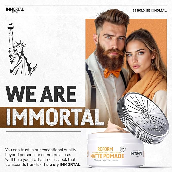 Immortal NYC Re-Form Original Pomade – Medium Shine & Strong Hold - Men's Water-Based Hair Balm - Vegan Styling Cream with Biotin, Keratin & Panthenol for All Hair Types (150 mL, Reform Matte)