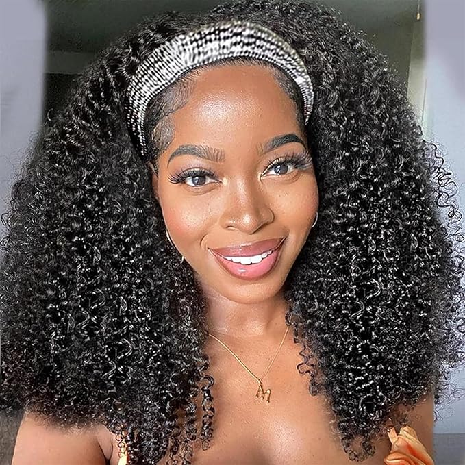 Aiterina Kinky Curly Headband Wig Human Hair Glueless Wigs Human Hair Curly for Black Women None Lace Front Brazilian Virgin Human Hair Wigs Curly Headband Wig 150% Density Natural Color 18 inch