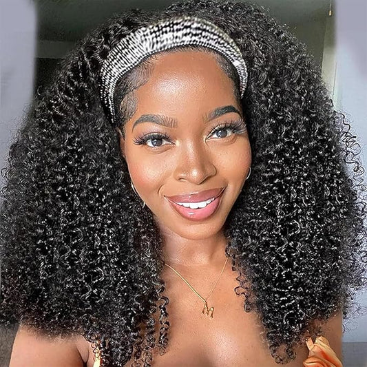 Aiterina Kinky Curly Headband Wig Human Hair Glueless Wigs Human Hair Curly for Black Women None Lace Front Brazilian Virgin Human Hair Wigs Curly Headband Wig 150% Density Natural Color 18 inch