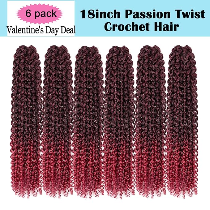 6 Packs Passion Twists Hair 18inch Ombre Burgundy Water Wave Crochet Hair for Butterfly Soft Locs Synthetic Crochet Hair Passion Twist Long Bohemian Locs Braiding Hair Extensions (18" 6packs T1B/BUG#)