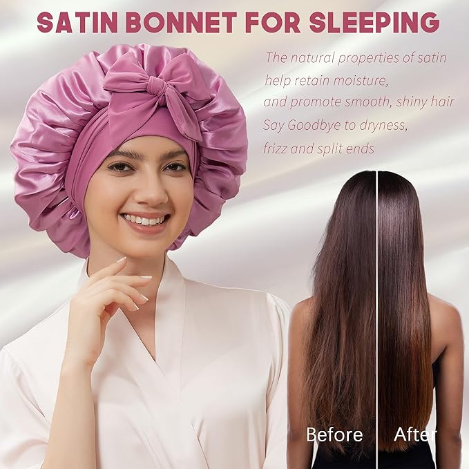 Satin Bonnet with Tie Band,Silk Hair Bonnet for Sleeping Women,Bonnets for Women,Double Layer Sleep Cap for Braids Curly Hair
