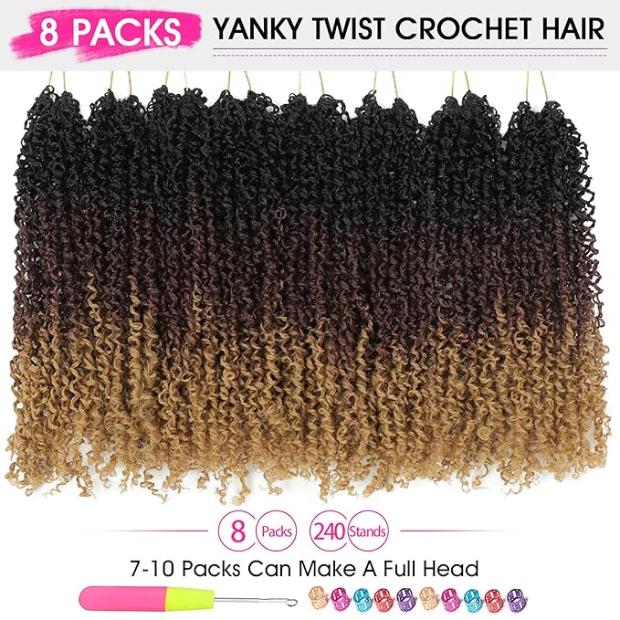 NAYOO 12 Inch Yanky Twist Crochet Hair - 8 Packs (30 Stands/Pack) Mini Passion Twist with Curly Ends Synthetic Pre-Looped Crochet Braids Braiding Hair (12 Inch, 1B/30/27)