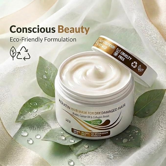 VITAMINS hair cosmetics Keratin Hair Mask - Protein Repair Keratin Treatment - Deep Conditioner for Dry, Damaged, Curly, Straight & Frizzy Hair with Biotin, Collagen & Castor Oil - 8.5 Fl Oz