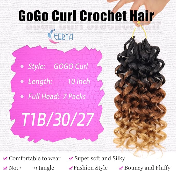 7 Packs GoGo Curl Crochet Hair 10 Inch Short Curly Crochet Hair Beach Curl Water Wave Crochet Braids Synthetic Hair Extensions (10 Inch, T1B/30/27)
