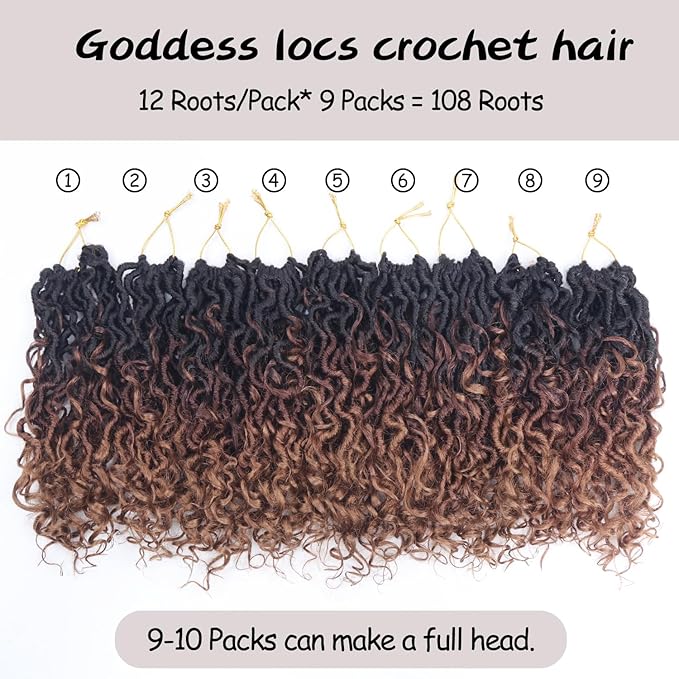 Goddess Locs Crochet Hair,8 Inch 9 Packs Faux Locs Synthetic Crochet Hair for Black Women, Boho Style Pre looped crochet with Curly Ends