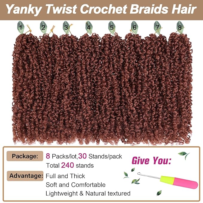 COOKOO 12 Inch 8 PCS Pre-curled Yanky Twist Synthetic Crochet Braids Hair Pre Looped Ginger Spring Twists Hair Short Passion Twists Crochet Hair Small Curly Twist Crochet Hair with Curls