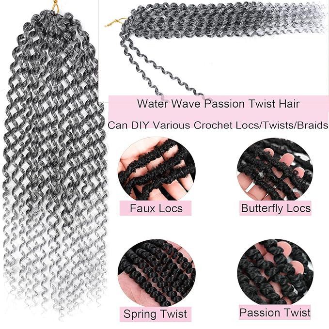 Grey Passion Twist Hair 18 Inch, 7 Packs Water Wave Crochet Hair Wrap Braiding Hair For Passion Twist Crochet Hair/Butterfly Locs/Spring Twist Crochet Braids Hair Extension(18in, T1B/Grey#)