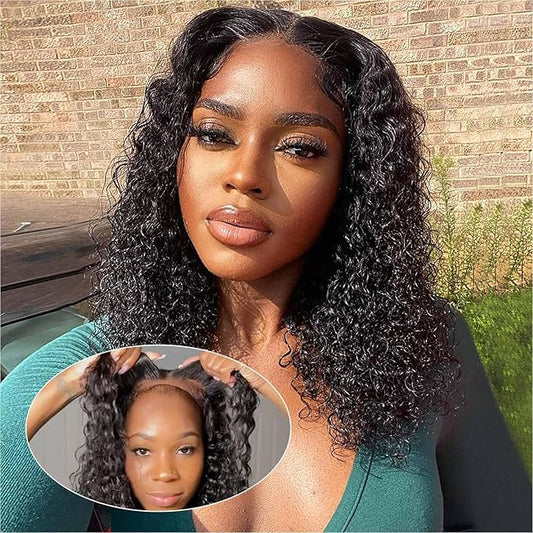 Curly Bob Wig Human Hair Jerry Curl 200% Density 5x5 HD Lace Closure Wigs Human Hair Bob Wigs For Black Women Wear And Go Glueless Curly Wig 1B Color 14 Inch