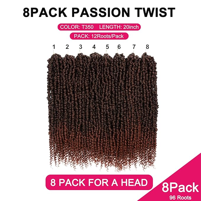 Passion Twist Hair - 8 Packs 20 Inch Passion Twist Crochet Hair For Women, Crochet Pretwisted Curly Hair Passion Twists Synthetic Braiding Hair Extensions (20 Inch 8 Packs, T350)