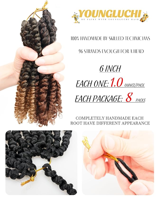 6 Inch 8 Packs Mixed Colors Combo Pack,Pre Looped Pretwisted Passion Twist Crochet Hair- Super Short Crochet Hair Extensions Braided by Synthetic Spring Kinky Twist Bohemian Curls(1B+T27+T30)