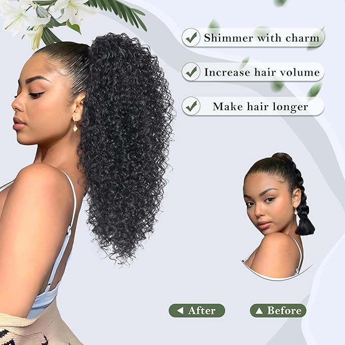 20 Inch Drawstring Ponytail Extension for Black Women Deep Curly Ponytail Extension Synthetic Mixed with Human Hair Hairpieces Afro Kinky Curly Pony Tail for Daily Use (Black)