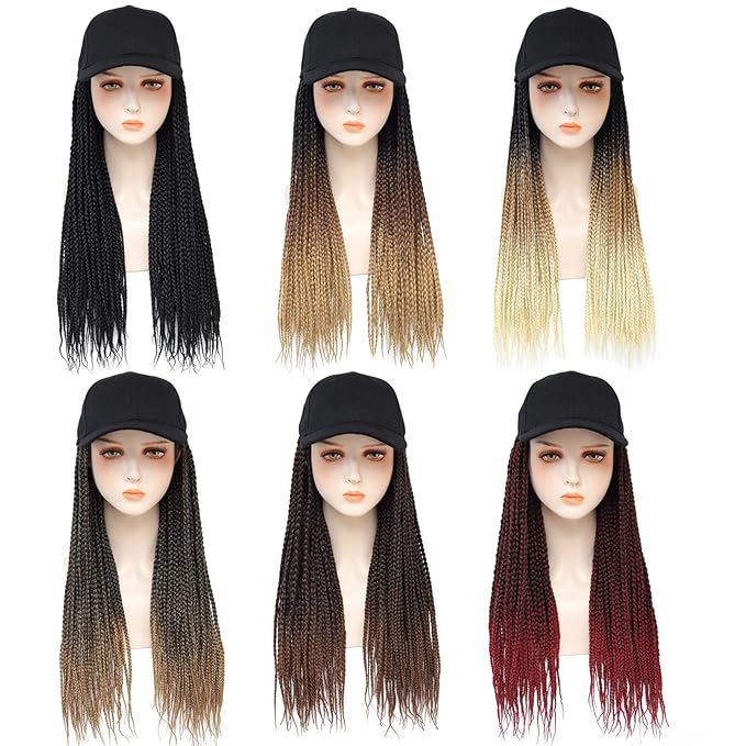 Braided Baseball Cap Wig Box Braid Hair Extensions with Hat Ombre black brown blonde Cap Wig with 18inch Long Synthetic Braiding Hair for Women (18inch 1B/27/613)