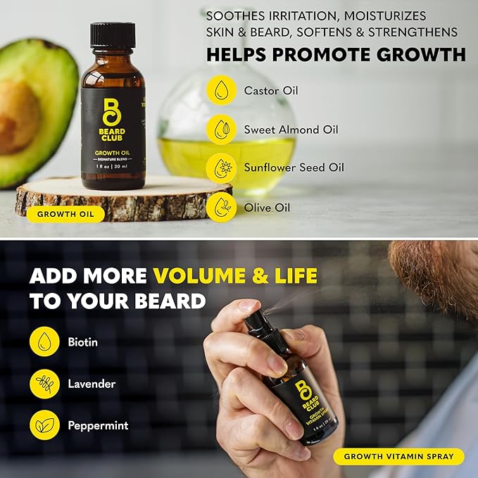 The Beard Club Supreme Beard Growth Kit - Derma Roller, Growth Oil, Vitamins, Vitamin Spray, Biotin Balm, Thickening Conditioner, Shampoo, Comb & Cleansing Spray - Gift Set