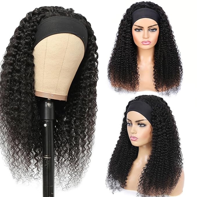 Aiterina Kinky Curly Human Hair Headband Wig for Black Women Curly None Lace Front Wigs Human Hair Non Lace Front Wig 150% Density Virgin Human Hair Wig Natural Color (Headband Wig, 22inch)