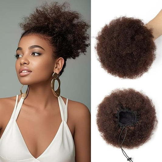 Afro Puff Clip On Human hair Drawstring Ponytail for Black Women,Short Afro Kinkys Curly Afro Bun Extension Hairpiece Ponytail Extension 8 Inch #2 Dark Brown 60g