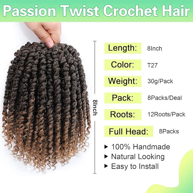 Passion Twist Crochet Hair 8Inch Passion Twist Hair 8 PacksShort Pre-Twisted Crochet Hair for Black Women Soft Passion Twist Curly T27