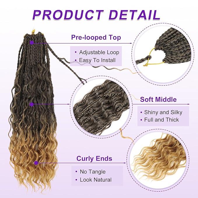 Eacia Goddess Box Braids Crochet Hair 18 Inch 7 Packs Bohemian Goddess Curly Crochet Hair Extensions for Women Pre Looped Box Braids with Curly Ends(18 Inch, T1B/27#)