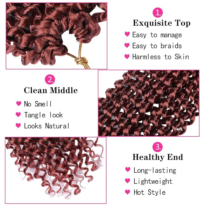 Ubeleco Copper Red Passion Twist Hair, 350# Water Wave Crochet Hair 10 Inch Passion Twist Crochet Hair 22 Strands/Pack Bohemian Synthetic Curly Braiding Hair Extensions (10 Inch (Pack of 7), 350#)