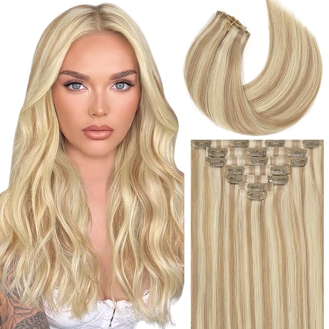 Caliee Balayage Clip in Hair Extensions 100% Virgin Human Hair Silky Soft PU Skin Weft 7Pcs with 16 Clips P8-60A Light Brown with Platinum Blonde Real Hair Clip in Human Hair for Women 20Inch 110G
