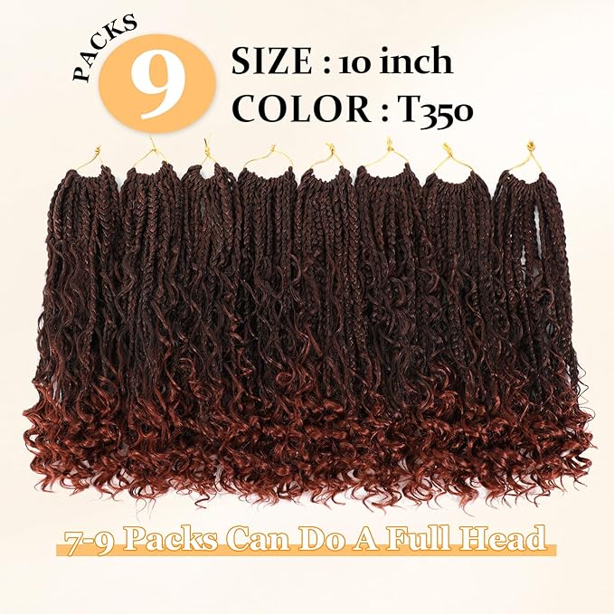 9 Packs Goddess Box Braids Crochet Hair Boho Crochet Box-Braids With Curly Ends Crochet-Hair For Black Women, 10 Inch Pre Looped Bohemian Box Braiding (10Inch 9 Packs,T350#)