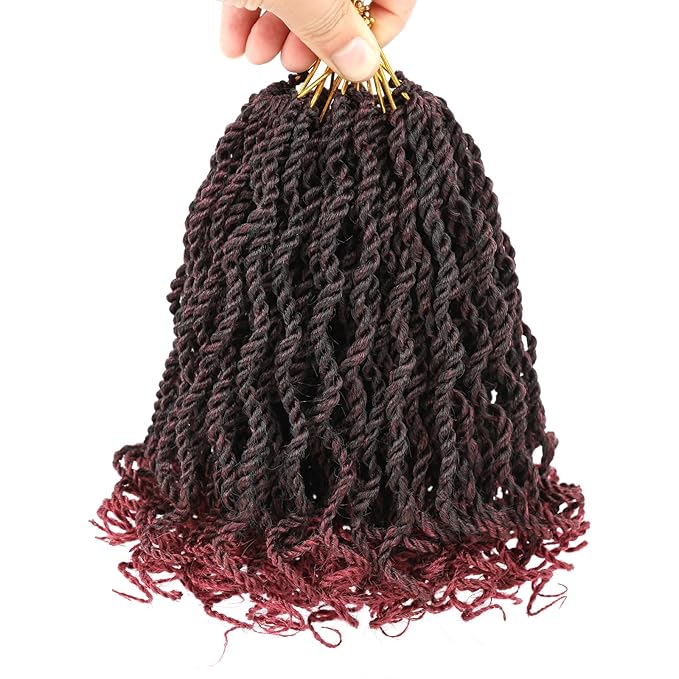 Leeven 8 Inch Burgundy Senegalese Twist with Curly Ends 8 Packs Ombre Red Hanava Twist Crochet Hair Pre Twisted Short Kinky Twsit Pre Looped Synthetic Crochet Braids for Women Kids