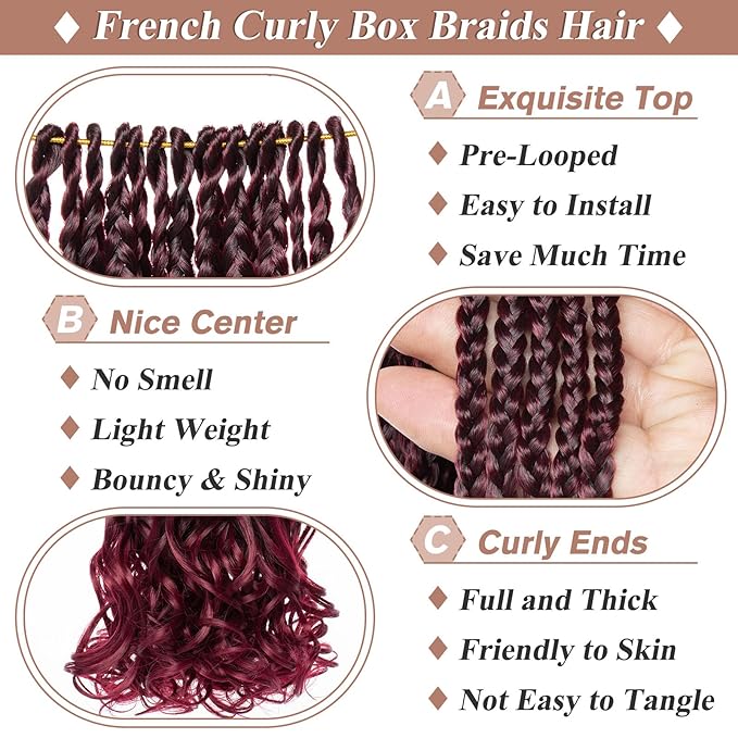 24 Inch 9 Packs French Curl Crochet Braids Ombre Red Bohemian Goddess Box Braids Burgundy Crochet Hair Pre Looped Wavy Bouncy French Curl Braiding Hair for Women