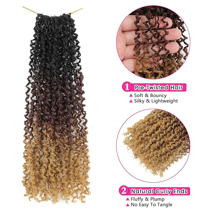 NAYOO 12 Inch Yanky Twist Crochet Hair - 8 Packs (30 Stands/Pack) Mini Passion Twist with Curly Ends Synthetic Pre-Looped Crochet Braids Braiding Hair (12 Inch, 1B/30/27)