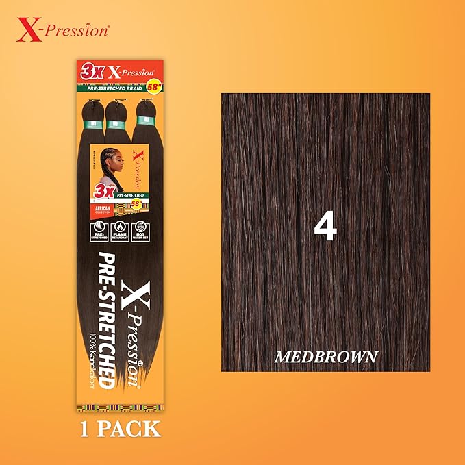 Sensationnel X-pression prestretched braiding hair - 3x braid 58 inch all kanekalon flame retardant synthetic braid for box braids and twists (1 pack, 4 MEDBROWN)