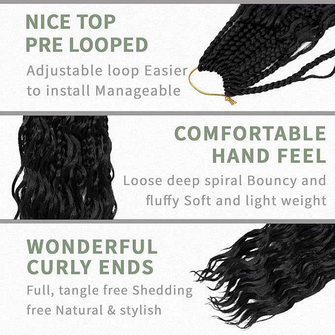 Goddess Box Braids Crochet Hair 24 Inch 7 Packs Boho Crochet Braids Pre Looped Bohemian Gypsy Braids Crochet Hair for Women Braiding Hair Extensions, 1B