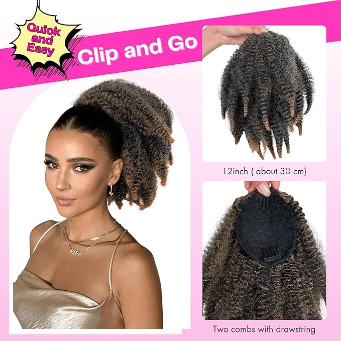 Short Marley Hair Drawstring Ponytail - Ombre Light Brown 4C Afro Puff Bun Ponytail Synthetic Braiding Hair Afro Kinky Curl Pony Tail Hairpiece for Black Women - T27# Ombre Brown, 12"