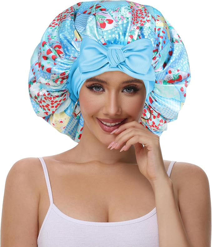 Double Layer Silk Bonnet with Tie Satin Lined Sleep Cap Hair Cover for Women's Curly Natural Hair