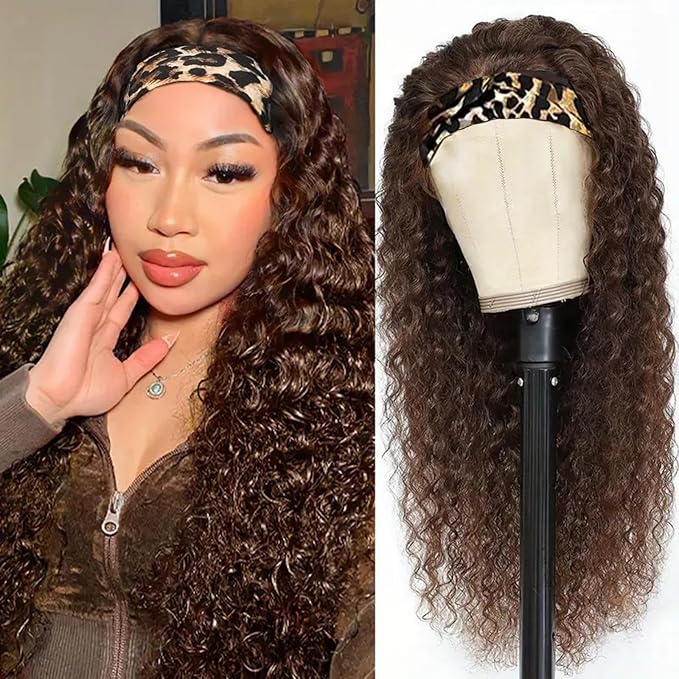 Aiterina Headband Wig Human Hair Headband Wig Deep Wave Human Hair Wigs for Black Women Glueless Human Hair Wigs Machine Made 150% Density No Lace Deep Headband Wig Chocolate Brown 22 inch