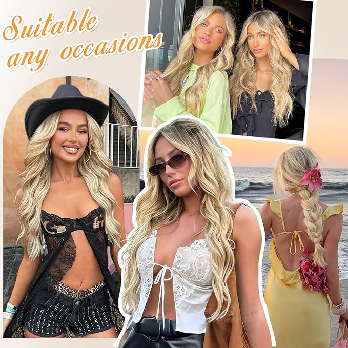 ALXNAN Clip in Long Wavy Synthetic Hair Extension 24 Inch Beach Blonde 4PCS Thick Hairpieces Fiber Double Weft Hair for Women