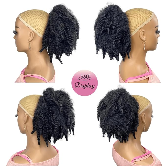 Short Marley Hair Drawstring Ponytail Black 4C Afro Puff Bun Braiding Ponytail Hair with Clips Synthetic Afro Kinky Curl Pony Tail Hairpiece for Black Women - Natural Black 12"