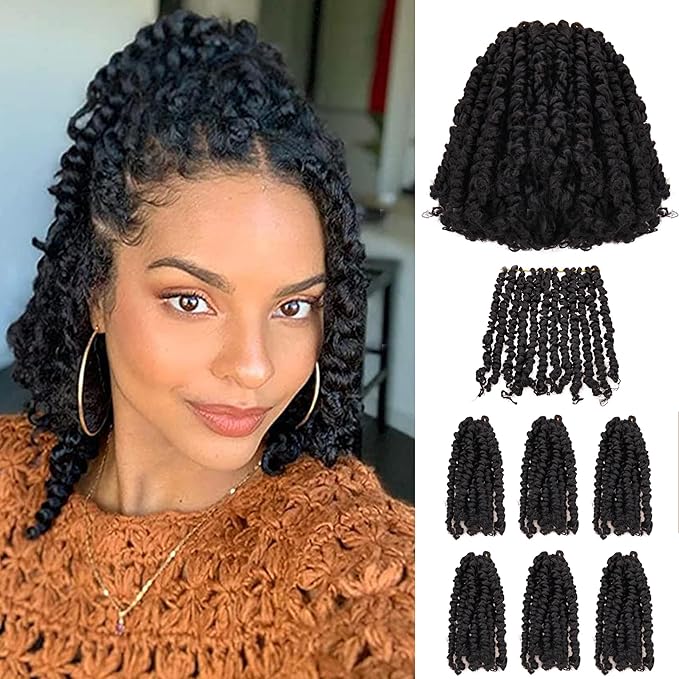 Pre-Twisted Passion Twist Crochet Hair for Black Women Passion Twist Hair Pre Looped Bohemian Braids 10 Inch 7 Packs Natural Black Short Bob Curly Braiding Hair Extensions(10"-7P,1B)