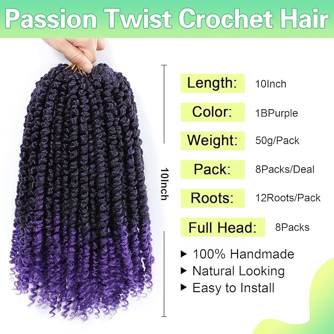 Passion Twist Crochet Hair 10Inch Passion Twist Hair 8 Packs Pre-Twisted Passion Twist Crochet Hair for Black Women Soft Curly Crochet Hair Tpurple