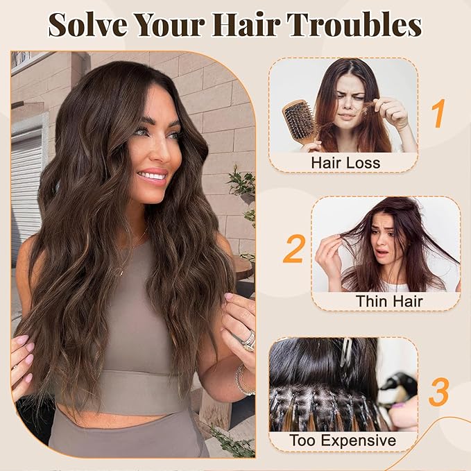 ALXNAN Clip in Long Wavy Synthetic Hair Extension 24 Inch Chocolate Brown 4PCS Thick Hairpieces Fiber Double Weft Hair for Women