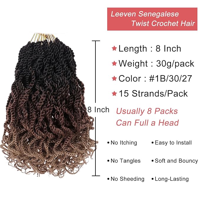 Leeven 8 Inch Senegalese Twist Crochet Hair with Curly Ends 8 Packs Ombre Blonde Brown Pre Looped Wavy Crochet Braids Small Hanava Twist 3 Tone Synthetic Braiding Hair for Women Girl Kids #1B/30/27