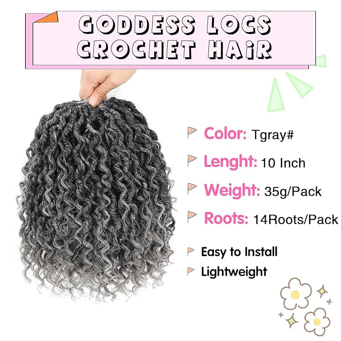 Fulcrum Goddess Locs Crochet Hair 10 Inch, 8 Packs New Faux Locs Crochet Hair for Black Women, Crochet locs with Curly Ends (10Inch (Pack of 8), Tgray#)