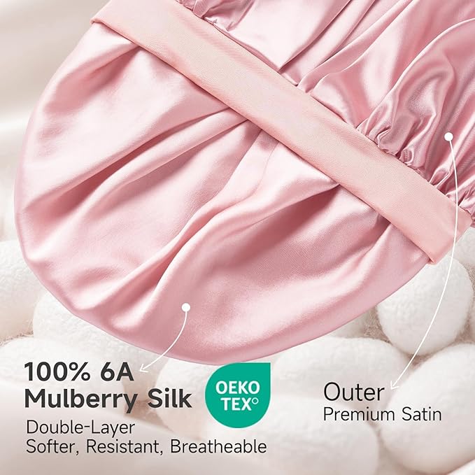 22 Momme 100% Real Mulberry Silk Bonnet for Sleeping Women, Large Hair Care Bonnet for Long Curly Hair, Double Layer Silk Hair Wrap with Soft Elastic Band, Non-Slip Sleep Cap, Light Pink