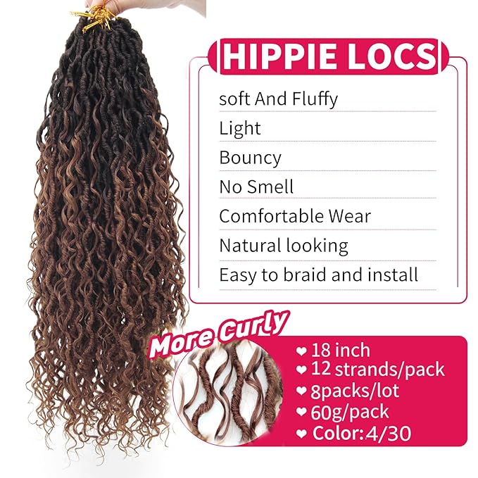 8Packs Goddess Locs Crochet Hair 18Inch Boho Faux Locs,Crochet Locs With Curly Ends River Hippie Locs Bohemian Locs Crochet Hair for Black Women(4/30, 18inch(Pack of 8))