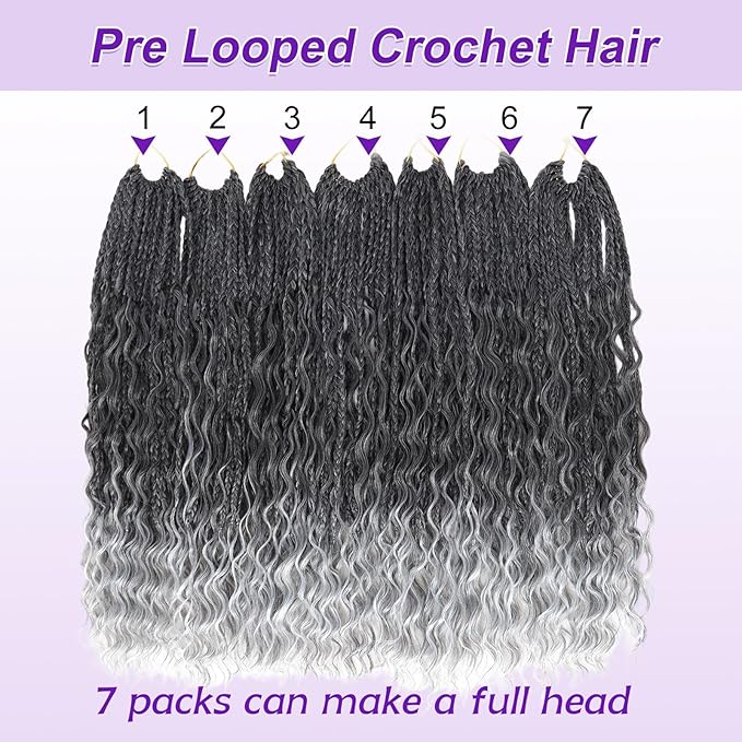 Eacia Goddess Box Braids Crochet Hair 18 Inch 7 Packs Ombre Gray Pre Looped Boho Box Braids Crochet Hair Extensions with Curly Ends(18 Inch, T1B/Gray#)